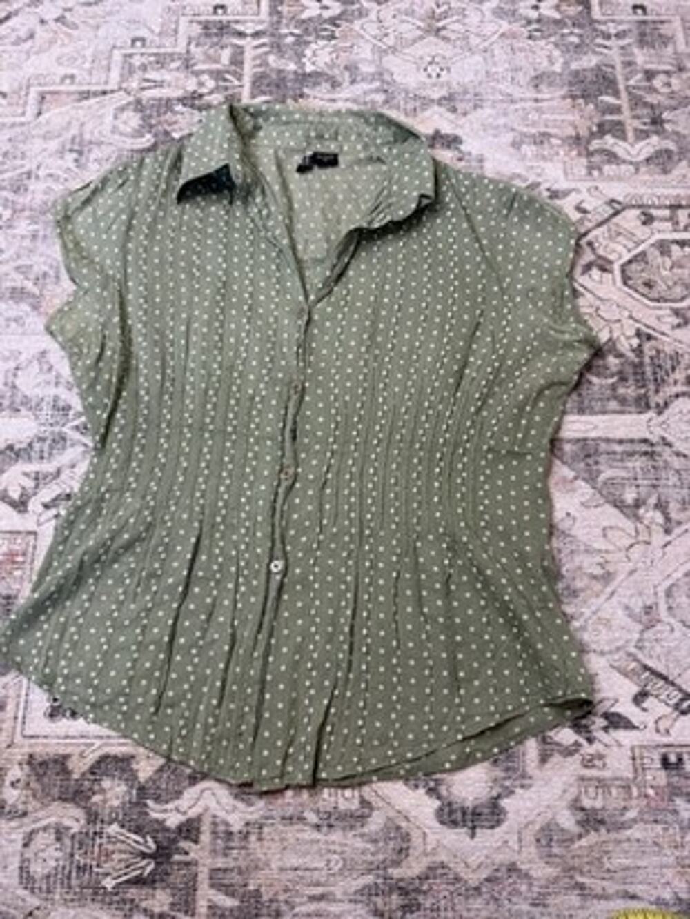 Vintage Polka Dot Pleated Top M Sage Green Cap Sleeve Cottagecore Whimsygoth Y2K